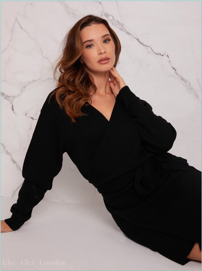  V Neck Wrap Jumper Dress in Black MKL1381BK