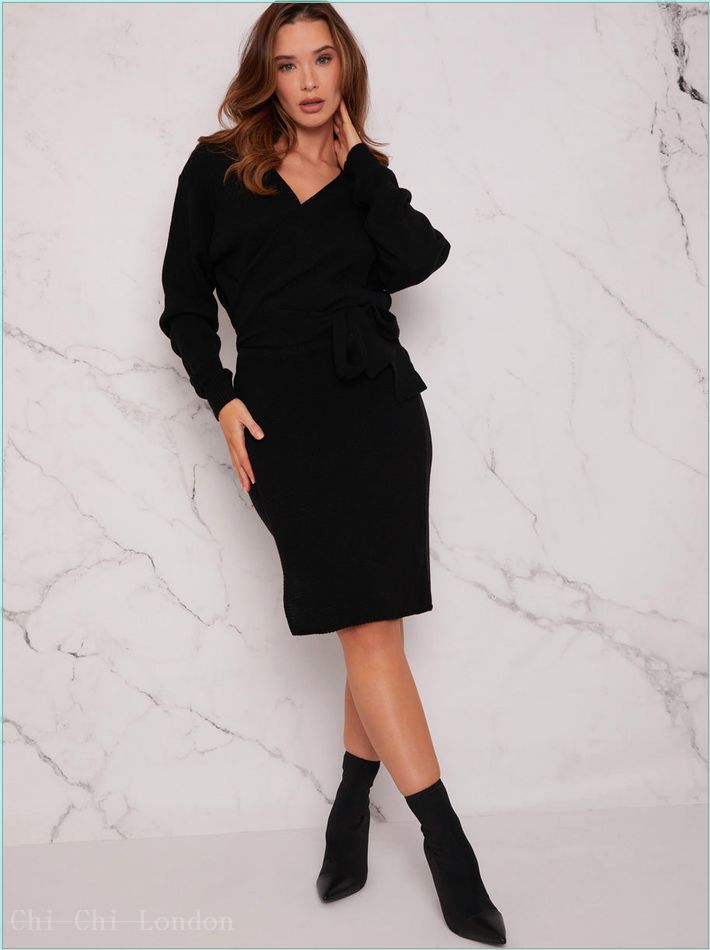  V Neck Wrap Jumper Dress in Black MKL1381BK