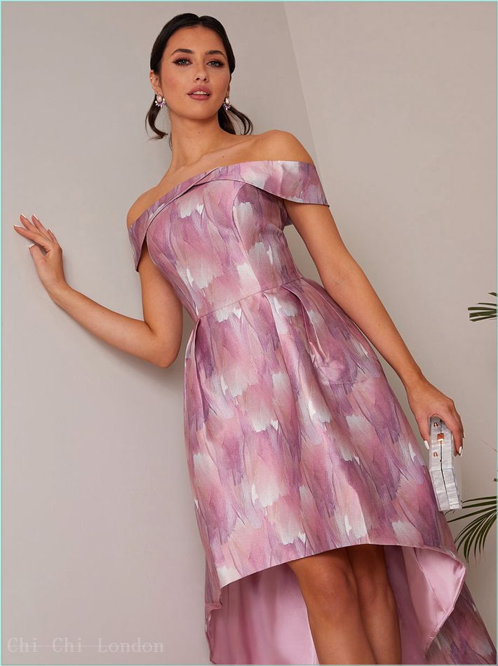  Watercolour Print Bardot Dip Hem Dress in Pink 71226PI